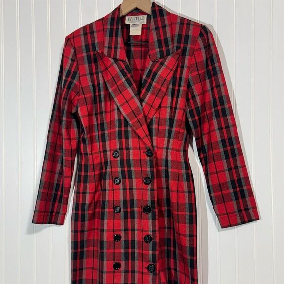 VTG La Belle Red Plaid Blazer Dress S Double Breasted 80s Mob Wife Preppy Grunge - Picture 3 of 11
